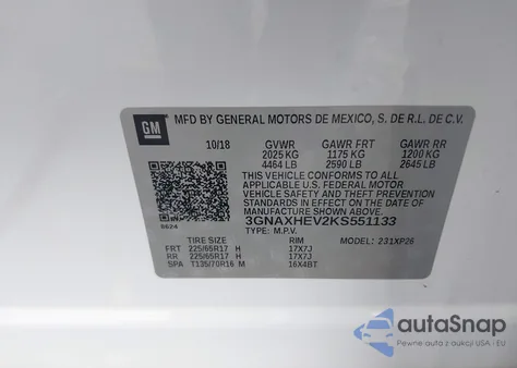 2019 Chevrolet Equinox Ls z USA, uszkodzony, nr VIN 3GNAXHEV2KS551133